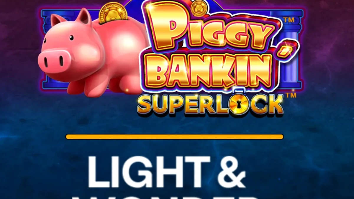 Tampilan visual mewah Piggy Bankin’ Super Lock dengan simbol emas dan brankas.